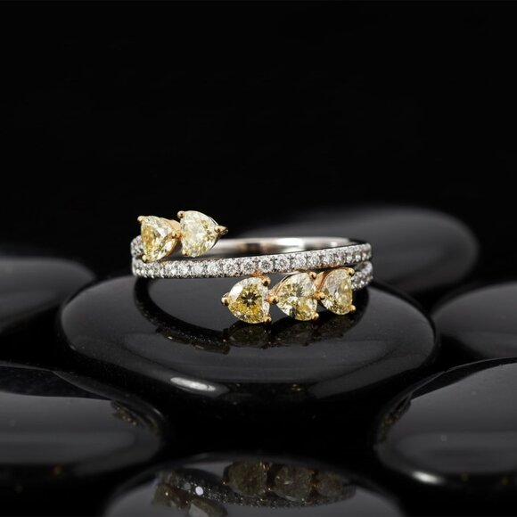 Golden Bloom 14K (or 18k upon request) Yellow Gold Dual Band Diamond Ring - Picture 4 of 8